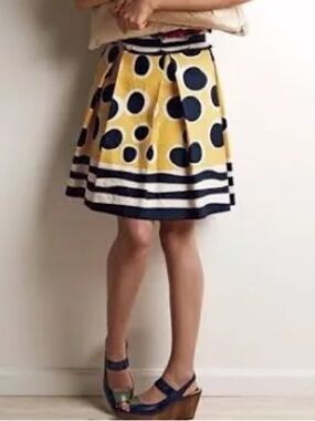 Anthropologie Anna Sui Skirt Yellow and Navy Polk a Dot Midi Skirt